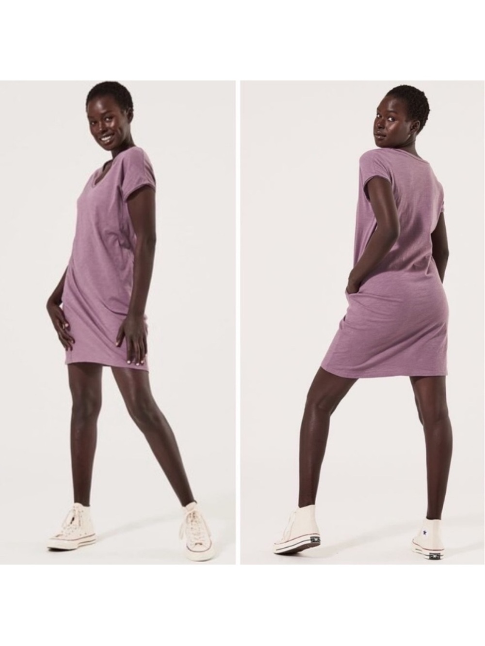Pact Market Tee Shirt Dress Thistle Purple Organic Cotton Pockets V Neck
